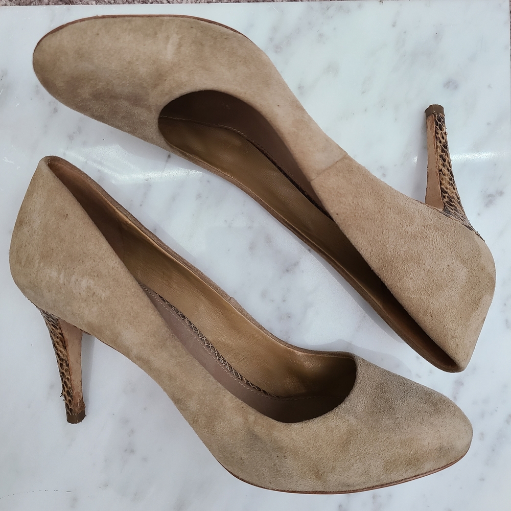Tory Burch Mabel Tan Suede with Snake Skin Print Heels size 8 Stiletto